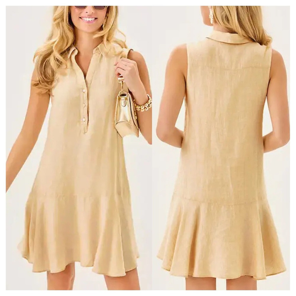 Lilly Pulitzer‎ Ellowyn Linen Dress Sleeveless Collared Flounce Hem Tan Large